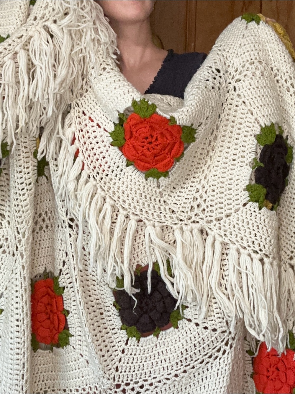 HUGE Vintage 1970s Handmade Granny Square Crochet Floral Afghan